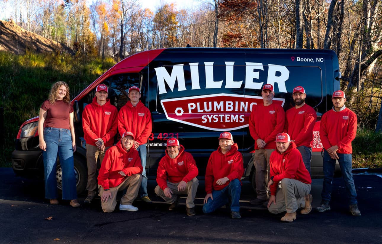 Miller Plumbing — full crew in front of the shop van in Boone, NC